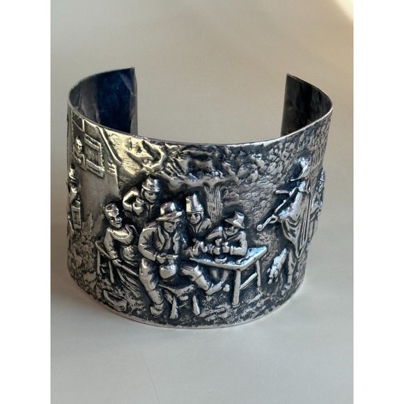 Vintage Denmark Repousse Story Scene Hans Jensen Silverplate Wide Cuff Bracelet - Picture 8 of 9